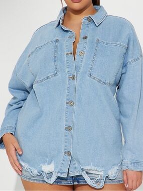 Brand New Fashion Nova Light Blue Distressed Denim Oversized Shirt Jacket